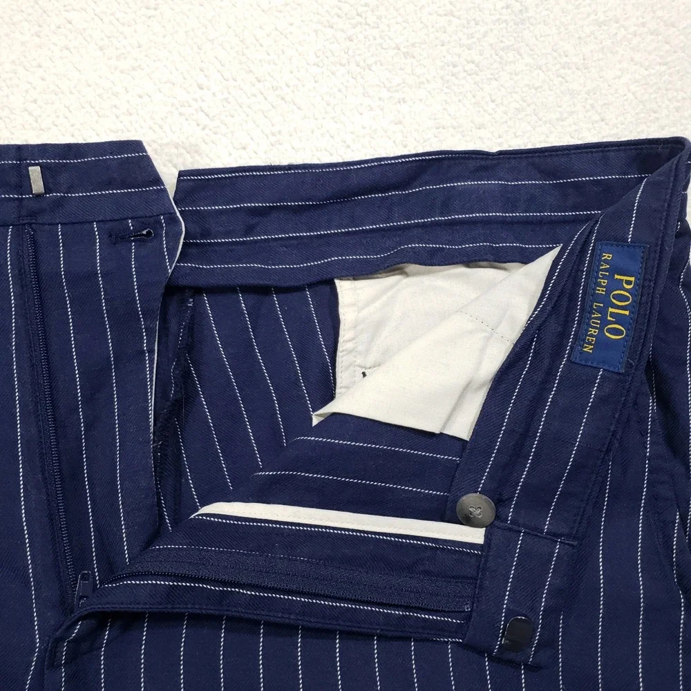 Polo Ralph Lauren Linen Trousers Men 36x30 Navy Blue Blend Pinstripe Dress Pants